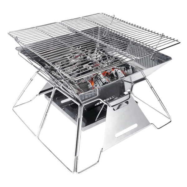 Brentwood BB-4x14SS 14-In. x 14-In. Stainless Steel Portable Folding Charcoal BBQ Grill and Outdoor Fire Pit with Carry Bag, BB-4X14SS