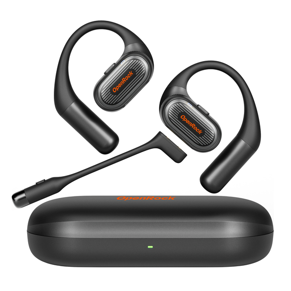 OpenRock R-QK01-01 Link 20 TWS Bluetooth Open-Ear Headset with Detachable Boom Mic, Earhooks, Charging Case, up to 52 Hours Play Time, IPX7 Sweat-Resistant