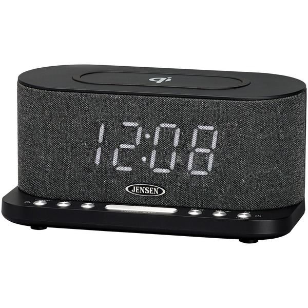 JENSEN QiCR-50 FM Digital Dual-Alarm Clock Radio with Large Display, Wireless Qi and USB Charging, Aux Input, and Battery Backup, QiCR-50