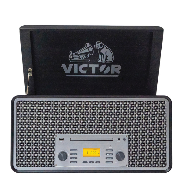 Victor VWRP-5000-GR 4-Watt Monument 3-Speed Belt-Drive Manual Turntable with Built-in Speakers, Bluetooth In/Out, CD/Cassette Players, AM/FM, and 45 Adapter