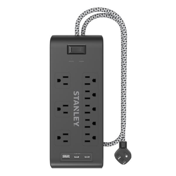 STANLEY 33308 8-AC Outlet 2-USB Port 2,400-Joules Surge Blok Surge Protector Power Strip with PD, 6-Ft. Fabric-Braided Cord with Low-Profile Plug, 33308