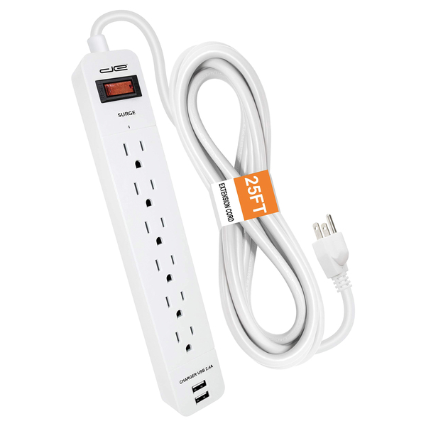 Digital Energy ENR1-1006 6-AC Outlet and 2-USB Port 1,050-Joules Surge Protector Power Strip with Straight Plug (25 Ft.; White)