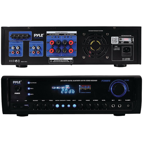 Pyle PT390BTU 4-Channel 300-Watt-Max Bluetooth Amplifier/Receiver with 2 Mic Inputs, AM/FM Radio, USB, SD, Aux, and Remote, PT390BTU