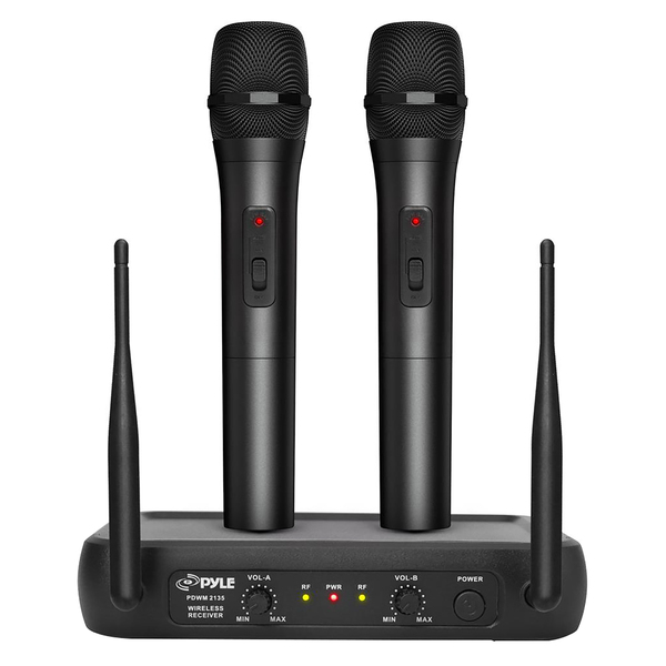 Pyle PDWM2135 VHF Dual-Channel Fixed-Frequency Wireless Microphone System with 2 Handheld Microphones, Adjustable Volume, PDWM2135