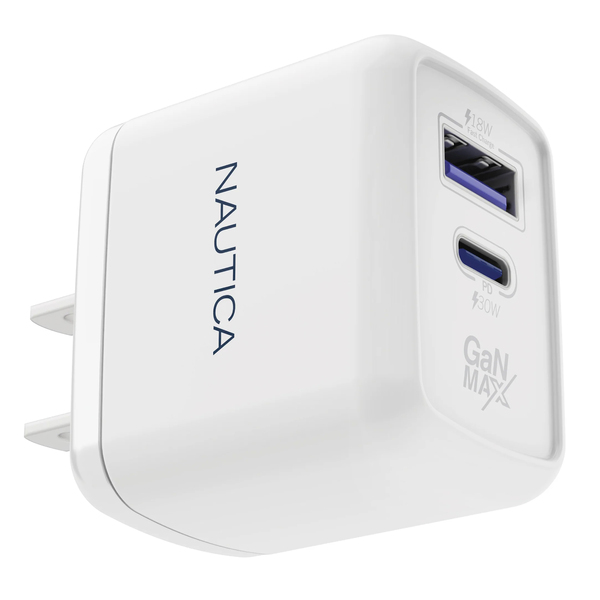 Nautica UCCCH03-02 2-USB Port Wall Charger with 30-Watt PD USB-C and USB-A QC3.0, CH130 (White)
