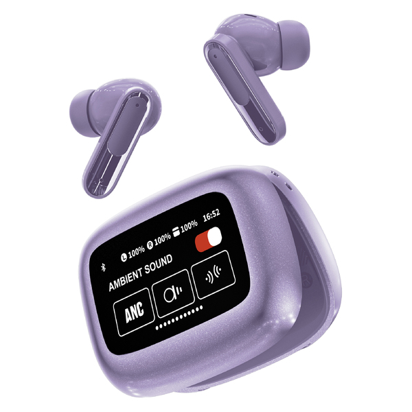 RCA Wave-45PUR WAVE-45 TWS Bluetooth In-Ear Earbuds with Mics, On-Ear Controls, ANC, Charging Case with Touch Screen, up to 6 Hours Play Time (Purple)