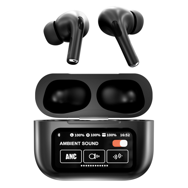 RCA Wave-48BLACK WAVE-48 TWS Bluetooth In-Ear Earbuds with Mics, On-Ear Controls, ANC, Charging Case with Screen, up to 6 Hours Play Time (Black)