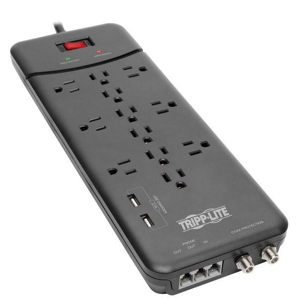 Tripp Lite by Eaton TLP128TTUSBB 12-AC Outlet, 2-USB Port, Telco, and Coax 4,320-Joules Protect It! Surge Protector Power Strip, 8-Ft. Cord, TLP128TTUSBB