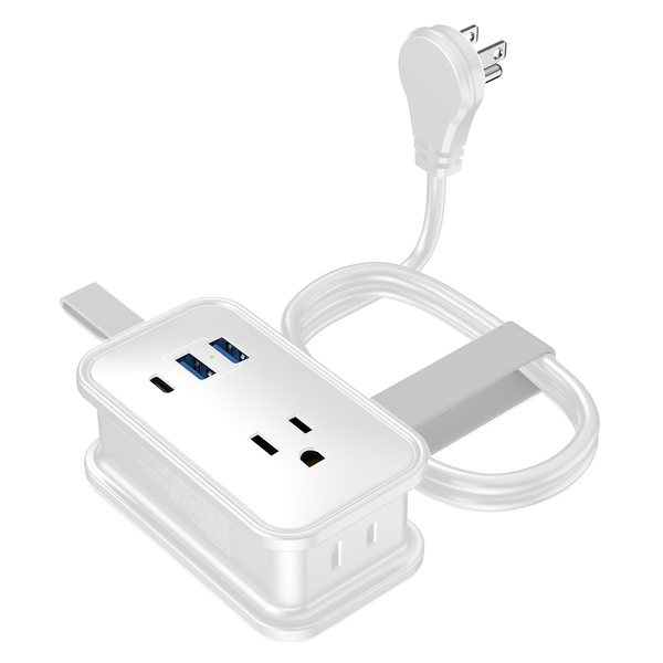 Uncaged Ergonomics TC-white Portable Travel Power Strip, 3 AC Outlets, 2 USB-A Ports, and 1 USB-C 20-Watt Fast-Charging Port, 3-Ft. Cord (White)