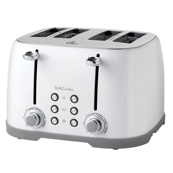 Betty Crocker BC-4624W 4-Slice 1,600-Watt Multifunction Toaster with Extra-Wide Slots, 7 Browning Levels, Centering Guides, Crumb Trays, BC-4624 (White)