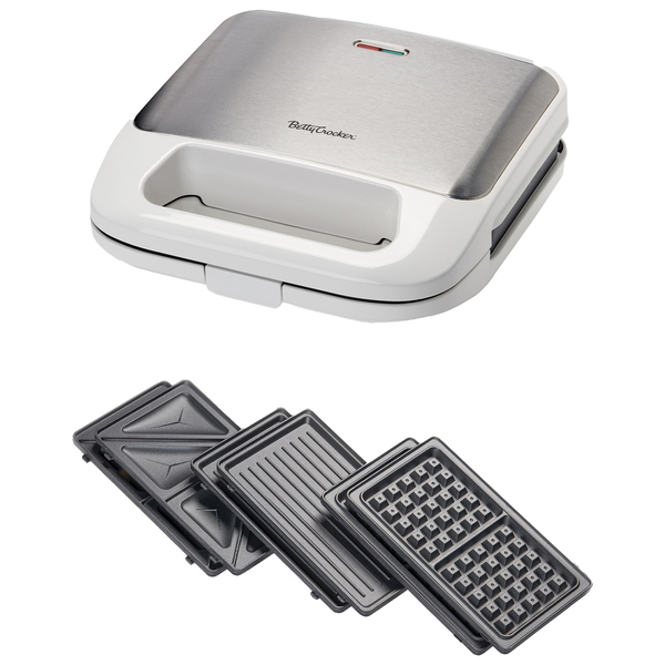 Betty Crocker BC-4965W 3-in-1 Indoor Electric Grill Plus with Sandwich/Panini Press and Waffle Maker (White)