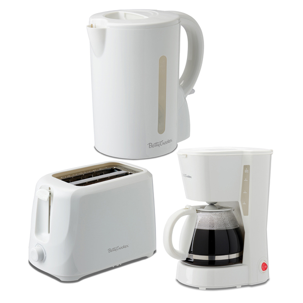 Betty Crocker BC-4995W 3-Piece Kitchen Appliance Set with 5-Cup Automatic Drip Coffee Maker, 7.1-Cup Electric Kettle, and 2-Slice Toaster, BC-4995W