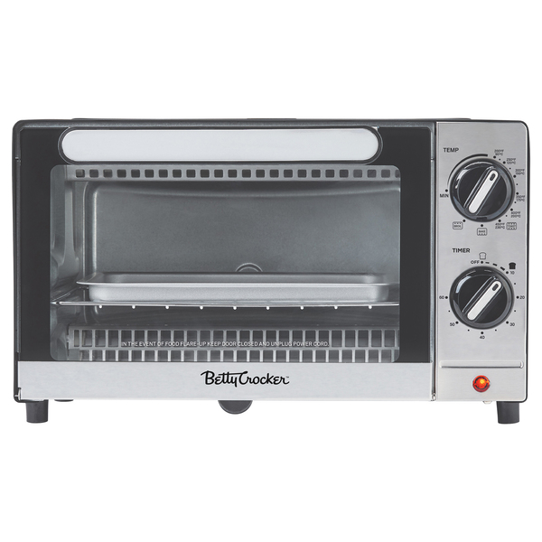 Betty Crocker BC-5665B 9-L 2-Slice Toaster Oven, 1,000 Watts, with Bake, Broil, and Toast, Timer, Baking Pan, Rack, and Crumb Tray, BC-5665B