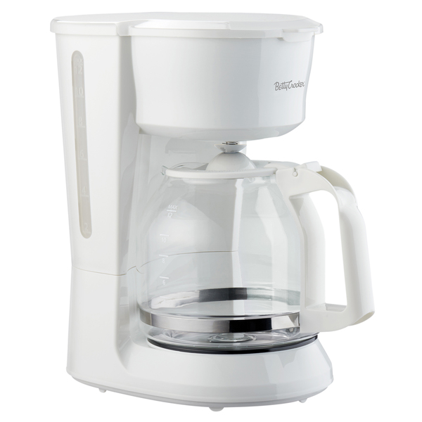 Betty Crocker BC-5729W 12-Cup Drip Coffee Maker with Heat-Resistant Glass Carafe, Removable Nylon Filter, Nonstick Warming Plate, BC-5729W